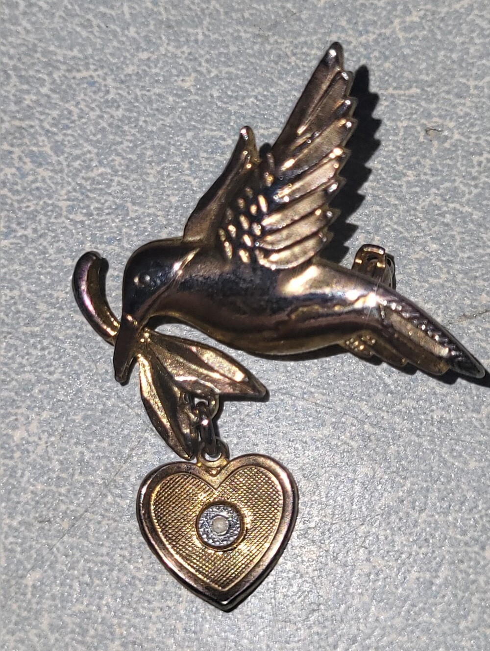 Vintage Flying Bird Brooch with Dangle Heart Pendant Mid Century